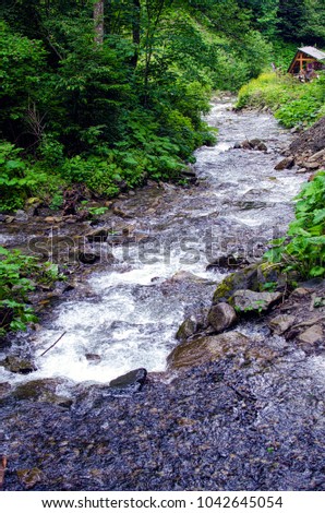 A stream in the mountains flows along the rocks and a stormy waterfall in the summer
