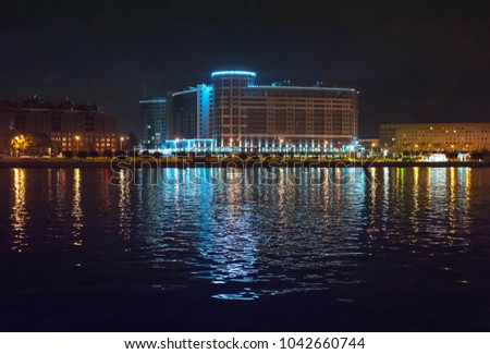Night view from the boat on river of Saint-Petersburg city, Russian Federation