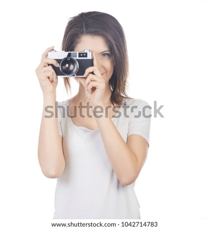 young beautiful woman photographer shot in white background
