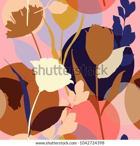 Colorful and bright summer Silhouette Abstract seamless pattern with leaves and flowers Background with florals vector on modern style.