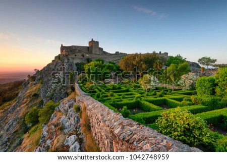Amazing Sunset at Castle Marvao, a small picturesque village in the Alentejo. Panoramic view landscape. Royalty-Free Stock Photo #1042748959