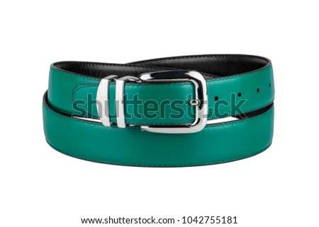 fastened fashionable men's turquoise leather belt with shiny chrome metal buckle isolated on white background