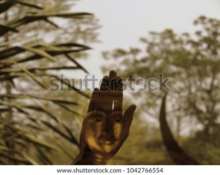 Buddha head image on the hand with the big tree background and sky.