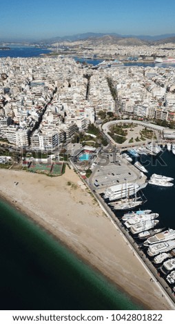Aerial photo of iconic port of Marina Zeas with boats docked, port of Piraias , Attica, Greece