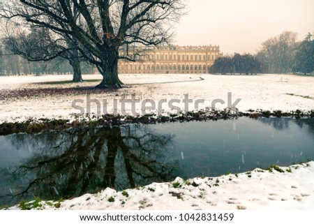 Late winter snowfall on the Park of Monza and its famous Royal Villa, Monza, Italy