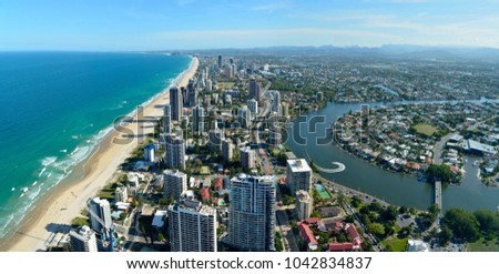 View over Surfers Paradise and Nerang river on the Gold Coast of Queensland, Australia. Royalty-Free Stock Photo #1042834837