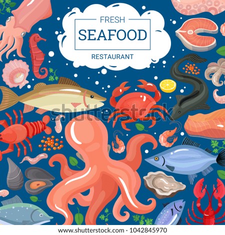 Seafood background composition of cartoon style images of sea animals and pieces of marine food products  illustration
