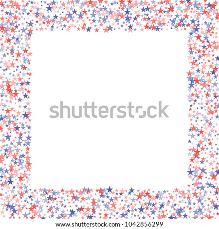 Usa stars frame holiday decoration. Presidents day banner background. backdrop Vector Illustration, Blue and Red 4th of July sparkles border isolated on white. patriotic american star confetti.