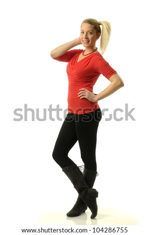Young woman in red shirt and black pants