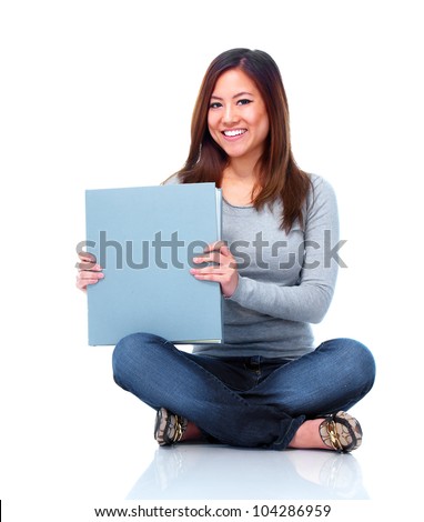 Young asian student girl with book. Isolated on white background.