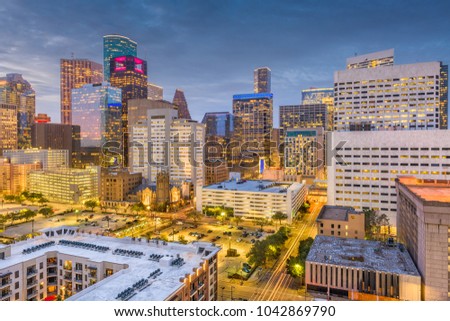 Houston, Texas, USA downtown cityscape at dusk.