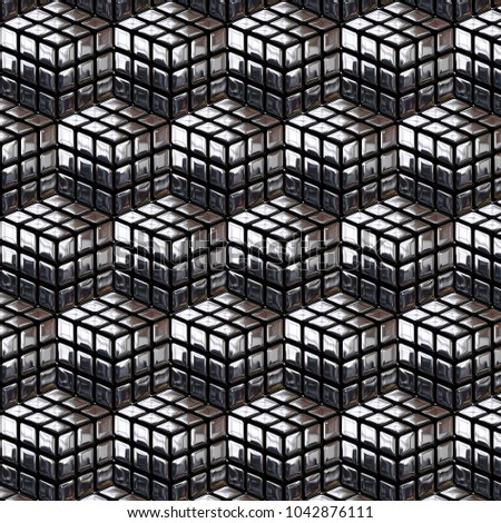 Puzzle cube made of many chrome cubes. 3D rendering