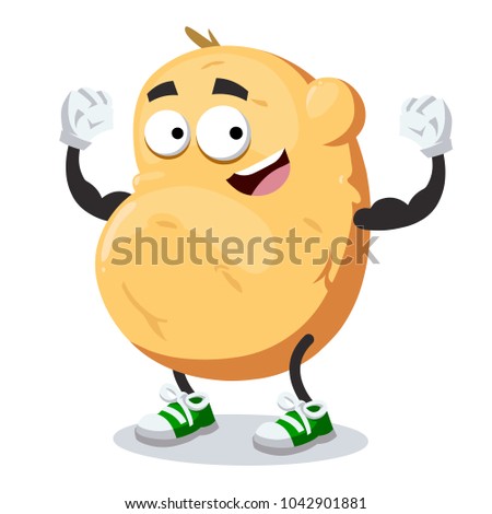 cartoon potato mascot shows its strength on a white background