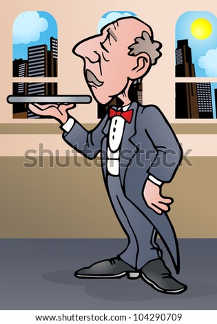 illustration of a waiter  with empty tray in his hand. Fun cartoon style