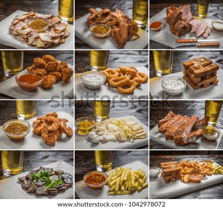 Collage of different pictures of delicious beer snacks
