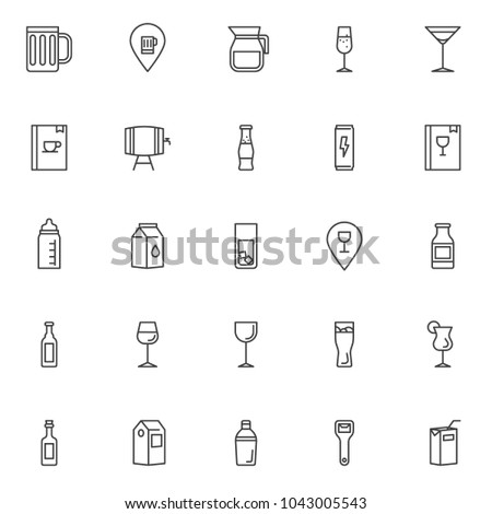 Drinks and beverages outline icons set. linear style symbols collection, line signs pack. vector graphics. Set includes icons as beer mug, water jug, champagne glass, cocktail , wine barrel, milk pack