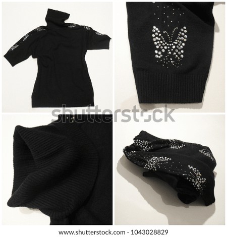 Black knitted jacket with short sleeves and rhinestones.