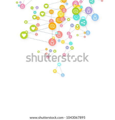 Social media marketing, networking concept. Random Color icons with social media services tags on white background. Comment, friend, like, share, mail, target, message. Vector Internet concept.