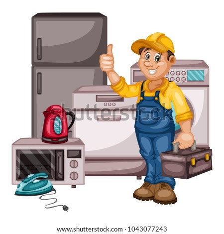 Plumbing Specialist with Toolbox Fixing, Repairing Washing Machine. Cartoon Vector Illustration Isolated on White background. Plumber, Plumbing Specialist Fixing, Repairing Washing Machine Royalty-Free Stock Photo #1043077243