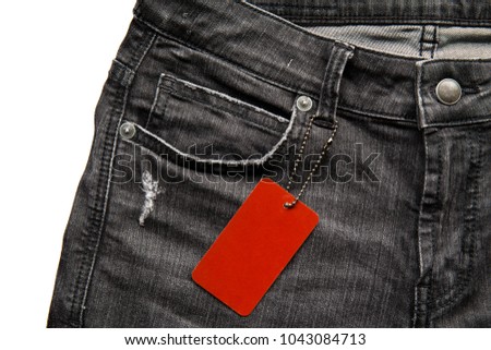 Black Cloth jean label tag with blank paper mockup. price tag of denim. Fashion Illustration Jeans Product Sale.