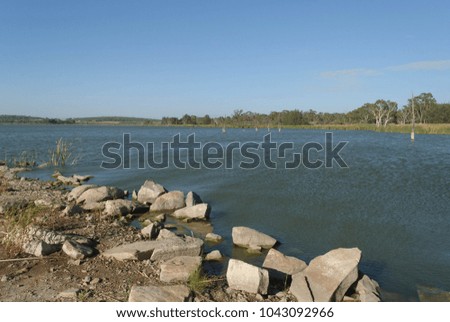 a lake full of water with dead trees and big rocks on the shoreline on a sunny day