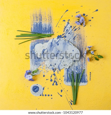 Flowers bell and shnits onions on a yellow-purple art background.
