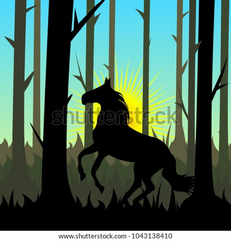 Silhouette of horse.Colorful sunset in forest
