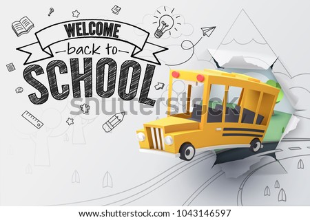 Paper art of school bus jumping out from sketched paper, back to school concept, vector art and illustration. Royalty-Free Stock Photo #1043146597