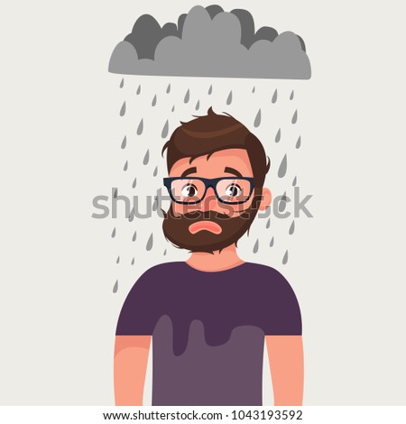 Unlucky man with bad mood under rain. Vector illustration in cartoon style