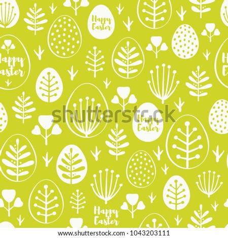 Seamless minimal easter vector pattern with eggs and spring leafs. For cards, invitations, albums, backgrounds and scrapbooks.