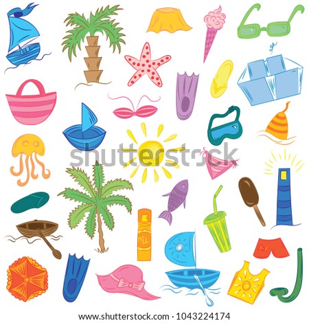 Colorful Hand Drawings of Summer Vacancies Symbols. Doodle Boats, Ice cream, Palms, Hat, Umbrella, Jellyfish, Cocktail, Sun. Vector Illustration.