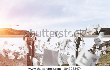 Broken concrete bridge with flying papers among high mountains and cloudly skyscape on background. 3D rendering.
