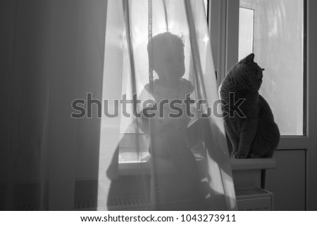 A boy sits on a window sill with a cat and plays in games