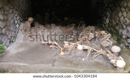Human skeletons victims of Vesuvius volcano in Pompeii (Italy)