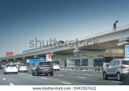 Interstate highway bridges and connecting overpass. a lot of cars on the road