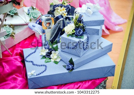 Christmas and New Year's Day ,open blue gift box top view selective focus background with clipping path
