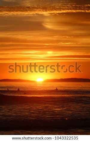 silhouettes of surfers during an orange sunset
