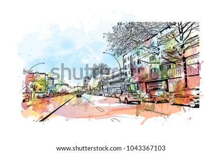 Downtown road and building view of Hamburg, a major port city in northern Germany, is connected to the North Sea by the Elbe River. Watercolor splash with Hand drawn sketch illustration in vector.
