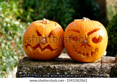 Halloween pumpkins on a garden wall in Horningsham village, Wiltshire, England                      