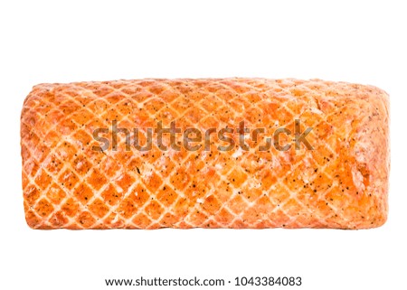 delicious appetizing juicy sausage salami in a semicircle, with slices of lard of chicken, pork, beef, with a beautiful unusual form, sliced, two and three isolated on white background