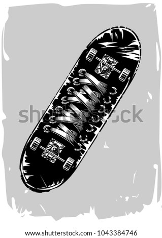 Skateboard with sneakers print on a board. Vintage poster.