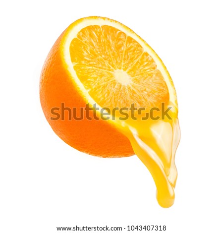Orange juice from orange fruit in motion. Splash of juice. Isolated on white backgroud Royalty-Free Stock Photo #1043407318