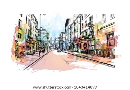 Street of London, the capital of England and the United Kingdom, is a 21st-century city with history stretching back to Roman times. Watercolor splash with Hand drawn sketch illustration in vector.