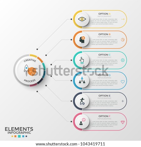 Six rounded elements with thin line icons and place for text inside connected to paper white circle. Concept of 6 features of business development. Infographic design template. Vector illustration. Royalty-Free Stock Photo #1043419711