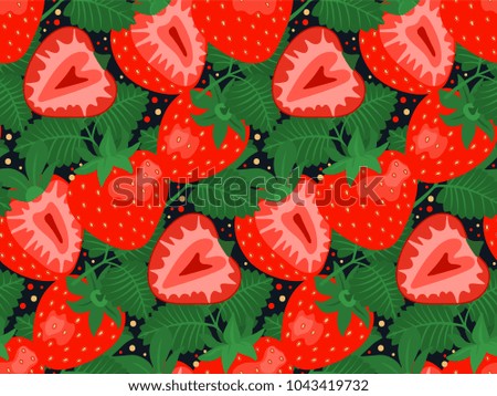 Seamless pattern with strawberries and leaves on dark background. Good for textile, wrapping, wallpapers, etc. Vector illustration.
