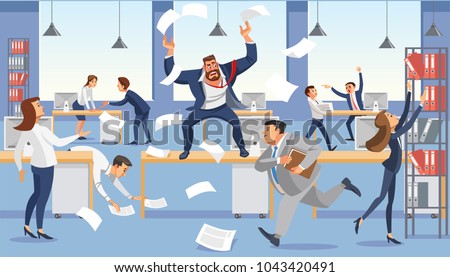 Angry boss shout in chaos office because of failure deadline. Stressed vector cartoon characters. Office workers hurry up with job. Fun cartoon characters. Vector illustration of work situation. Royalty-Free Stock Photo #1043420491