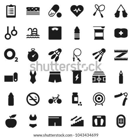 Flat vector icon set - diet vector, measuring, scales, heart pulse, stadium, stopwatch, clipboard, pills vial, bike, jump rope, hand trainer, punching bag, boxing glove, shorts, swimsuite, target