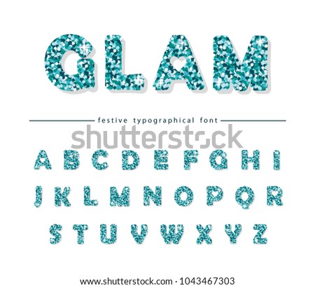 Glitter confetti blue font isolated on white. Glamour alphabet for Valentines day, birthday design. Girly. Vector