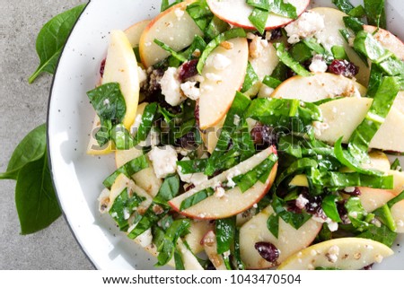 Healthy fruit and berry salad with fresh apples, cranberries, walnuts, italian ricotta cheese and spinach leaves. Delicious and nutritious diet dish for breakfast. Salad bowls on grey stone background