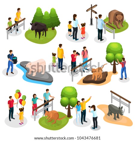 Isometric zoo elements collection with different animals families children and zookeepers isolated vector illustration 